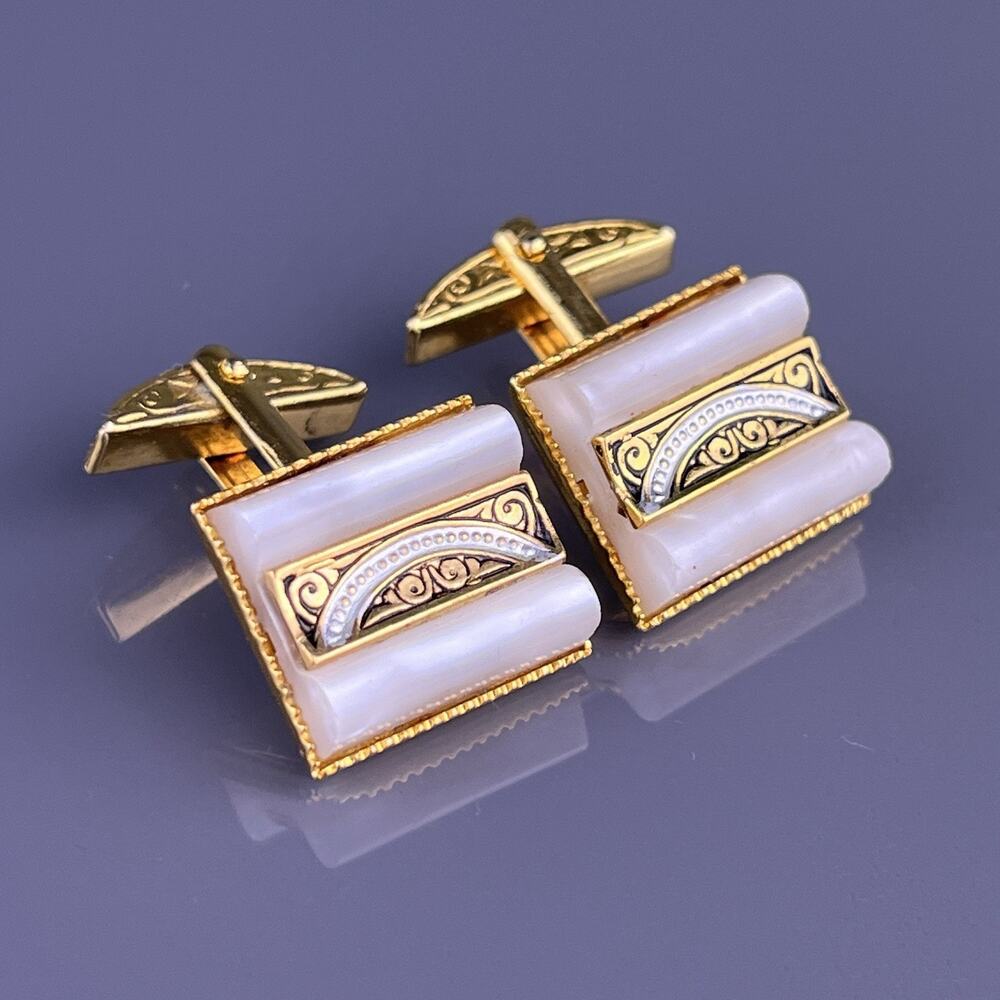Acrylic Damascene Style Cufflinks Gold Tone White Pearlescent Scrolls Vintage